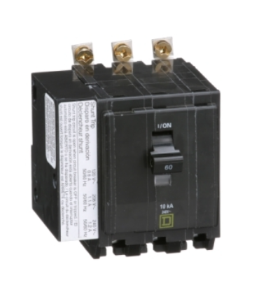 QOB3601021 Mini circuit breaker, QO, 60A, 3 pole, 120/240VAC, 10kA, bolt on mount, AC shunt trip